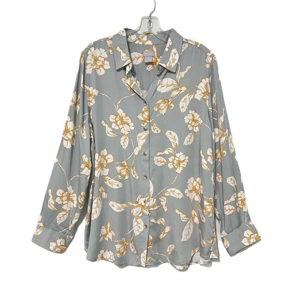 Chico’s Silky Button Down Blouse Top Size 2 Large Floral Gray Long SleeveCareer